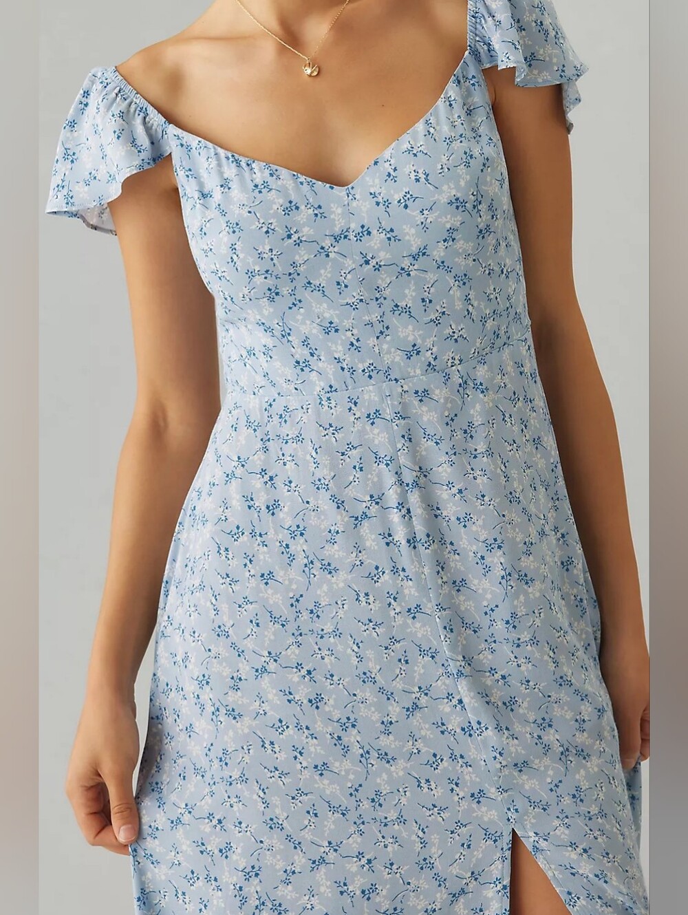 Reformation Light Blue Floral Midi Dress with Sweetheart Neckline and Front Slit